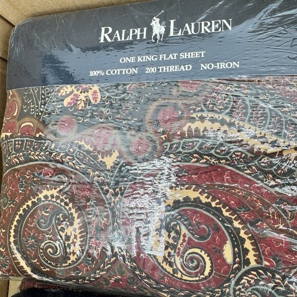 Vintage RALPH LAUREN KING Flat Sheet Whitbury Paisley Black Red Brown Combed - Picture 1 of 8